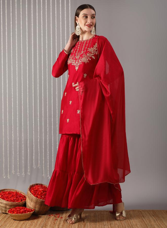 globus Women Red Embroidered Detail Straight Kurta with Sharara and Dupatta Set - Image 1